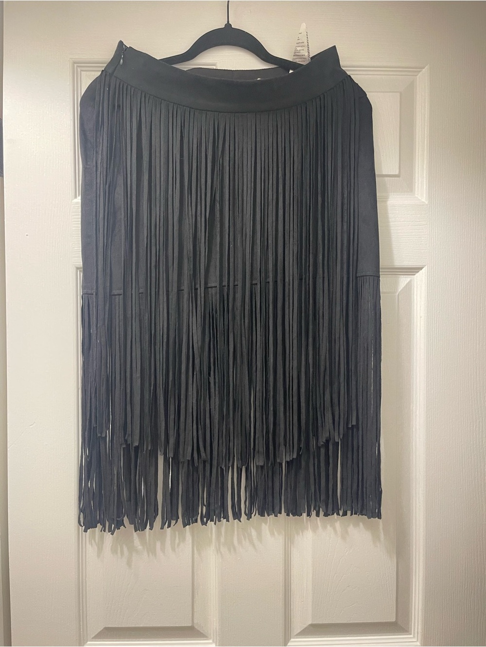 Zara Basic Black Faux Suede Tiered Fringe Skirt Size Small